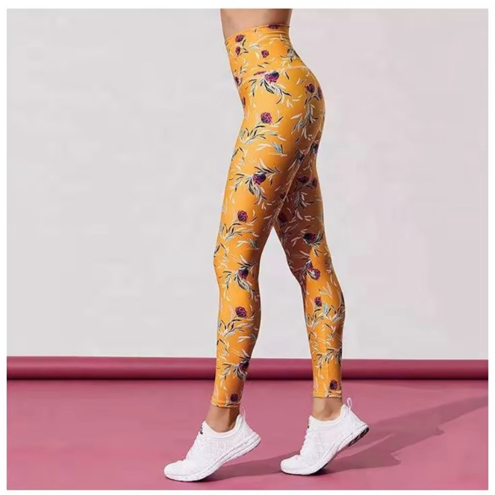Beach Riot Sport Floral Yellow High-Waisted Leggings size Small